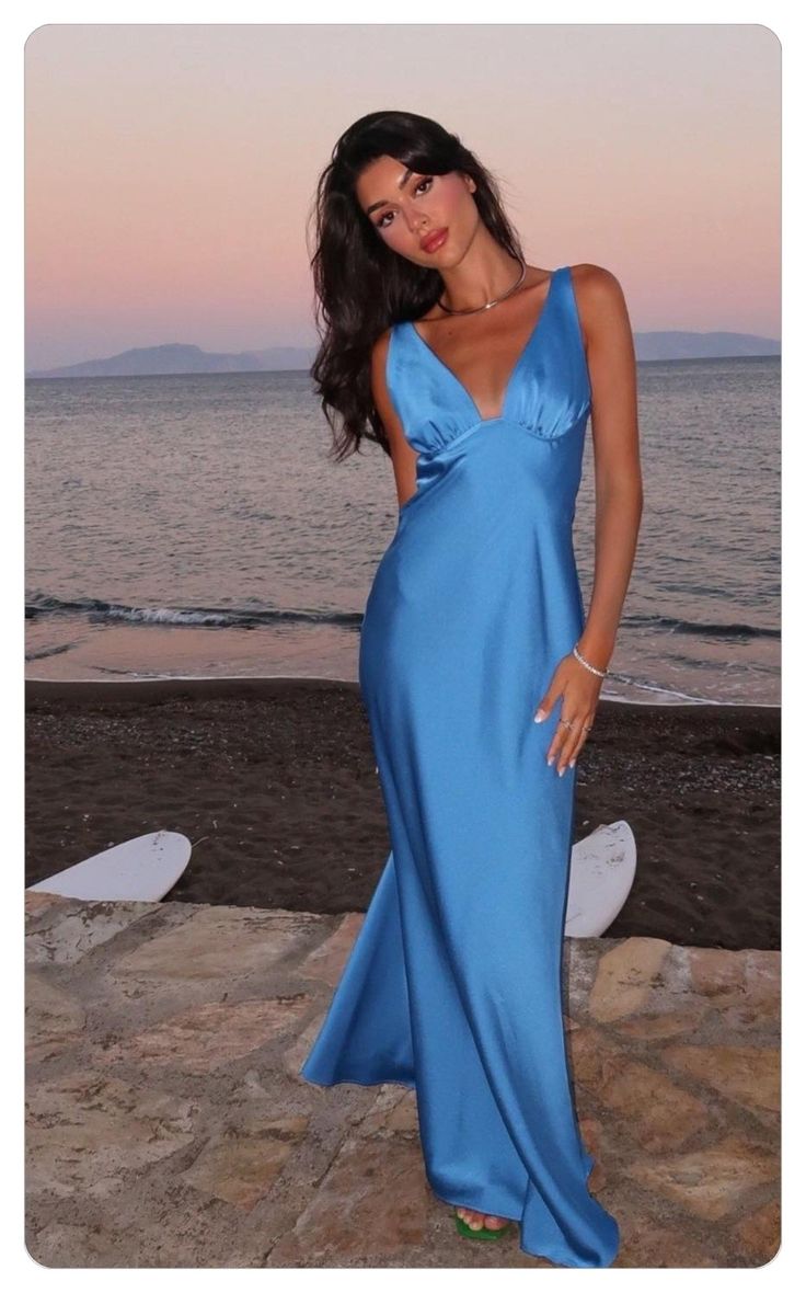 Blue simple elegant V-neck long satin ball gown evening dress gh3165