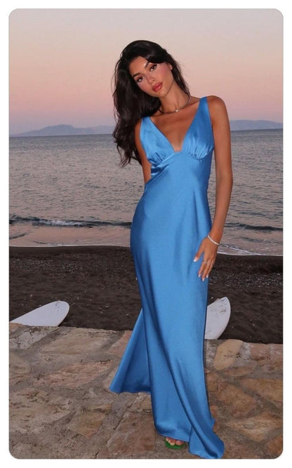 Robe de soirée longue en satin bleu simple et élégante à col en V gh3165