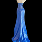 Royal Blue Halter Satin Mermaid Evening Gown, V‑Neck, Floral Beaded Embroidery Bodice, Beaded Waistband, Front‑Slit Ruffled Skirt, Small Train, Formal Pageant Prom Dress gh8901