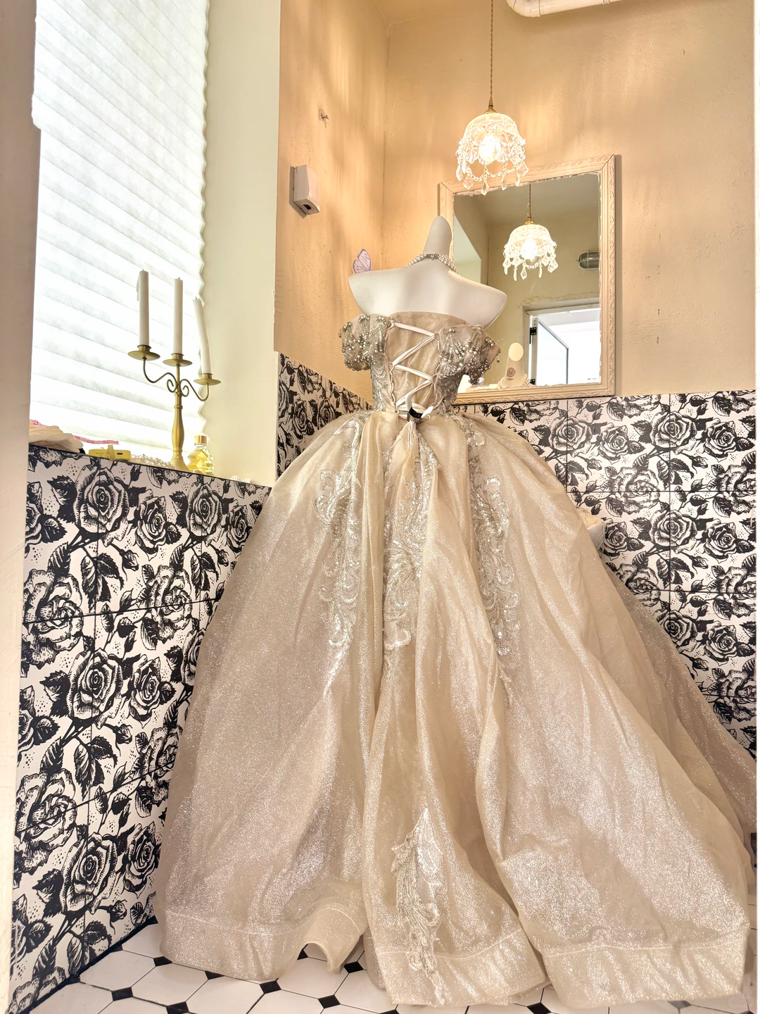 Champagne Off-the-Shoulder Waist-Cinched Gown with Silver Decorations, Voluminous Skirt Long Romantic Dress, Wedding Gown gh7760