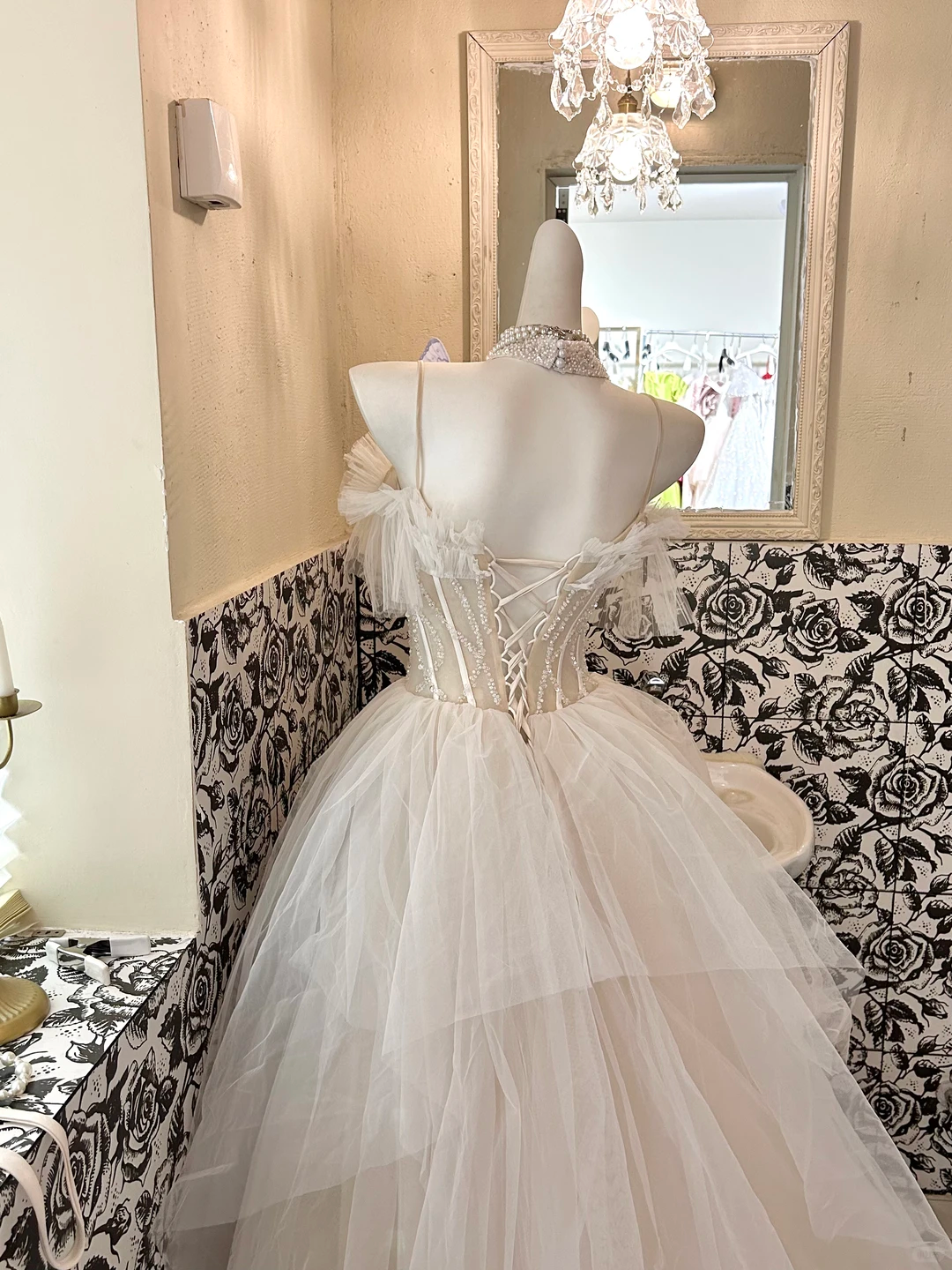 Ivory Spaghetti Strap Off-the-Shoulder Rhinestone Boned Cinched Waist Voluminous Skirt Long Romantic Dress, Wedding Gown gh7797