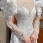 White Vintage Satin Mermaid Wedding Gown, Illusion Boat Neck Lace, Long Lace Sleeves With Large Ruffle Shoulder Accents, Lace Beaded Appliqué, Multi‑Tier Ruffle Mermaid Train, Prom Dress gh8642
