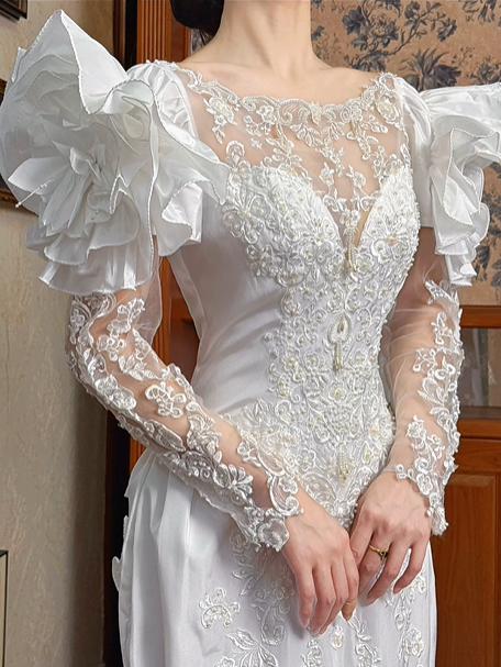 White Vintage Satin Mermaid Wedding Gown, Illusion Boat Neck Lace, Long Lace Sleeves With Large Ruffle Shoulder Accents, Lace Beaded Appliqué, Multi‑Tier Ruffle Mermaid Train, Prom Dress gh8642