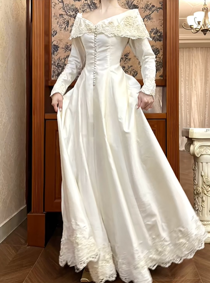 Ivory Vintage Satin Off‑Shoulder Wedding Gown, Pearl Button Lace Bridal Prom Dress gh8722