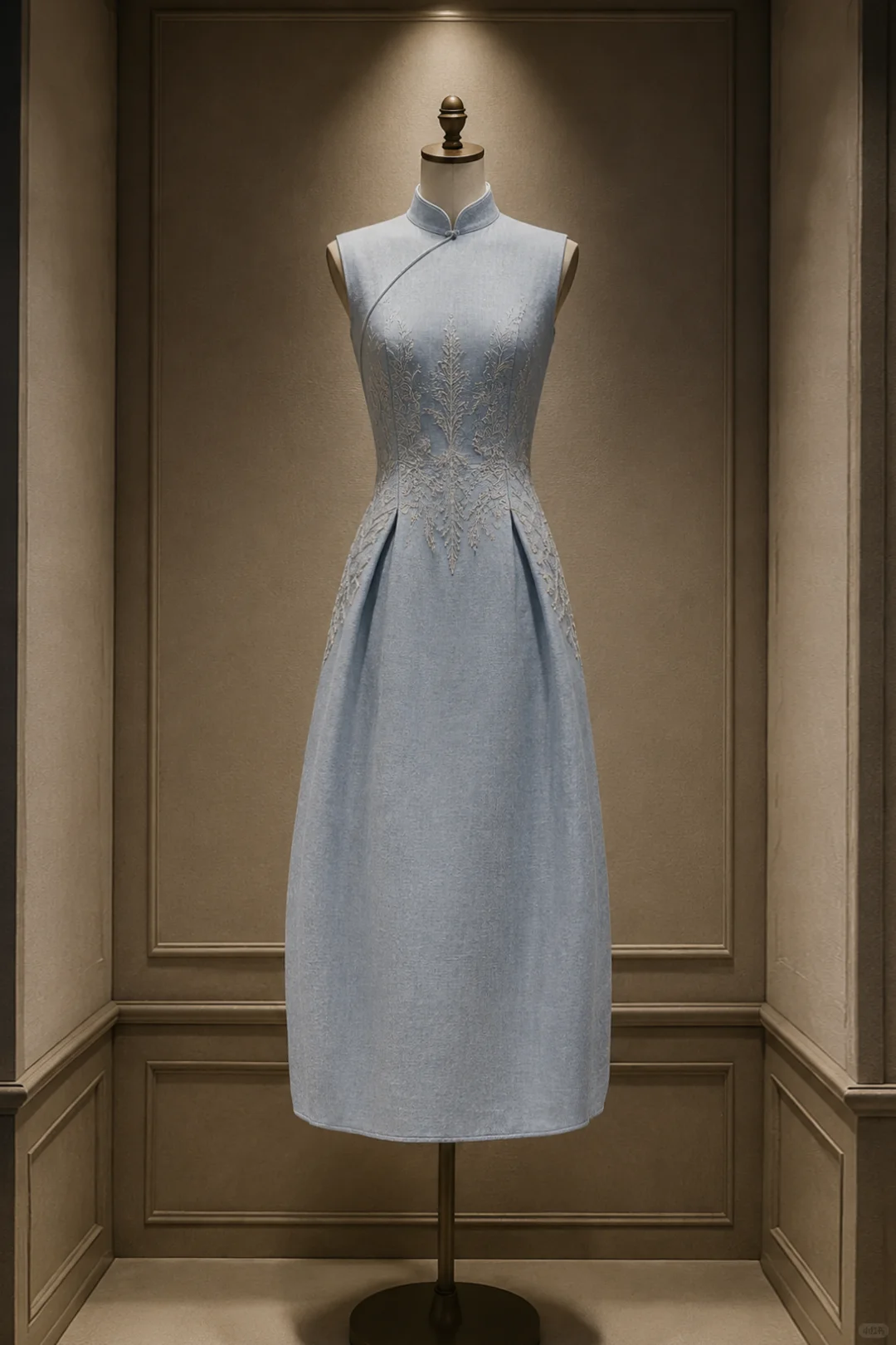 ✨Girlhomeshops-Light Ice Blue Leaf Embroidered Bubble Midi Cheongsam Qipao gh10439