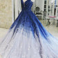 Blue Shiny Elegant V-Neck Applique Gradient Long Ball Gown Prom Dress Evening Dress Adult Ceremony Dress gh3104