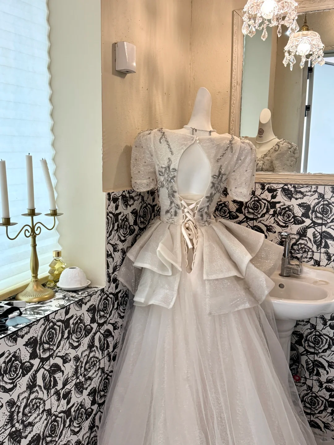Ivory Square Neck Waist-Cinched Gown with Silver Embellishments, Elegant Voluminous Long Skirt Vintage Romantic Dress, Wedding Gown gh7548