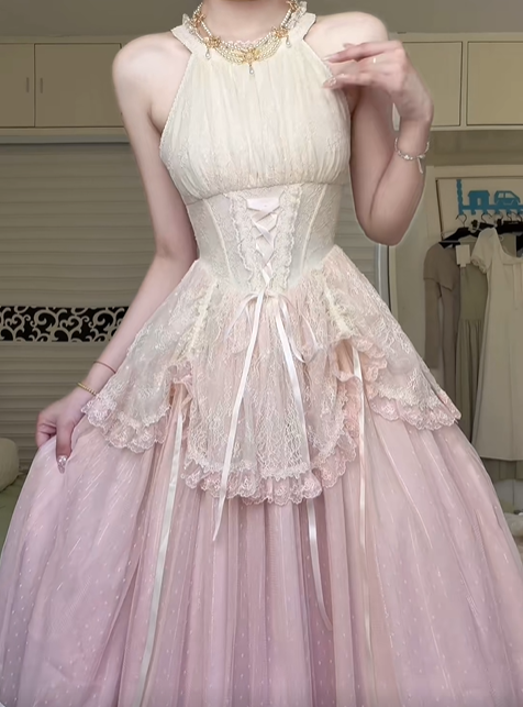 Cream‑Pink Halter Neck Lolita Victorian Long Gown, Corset Bodice Lace Overlay Ribbon Trim Tulle Ballgown Formal Prom Dress gh8985