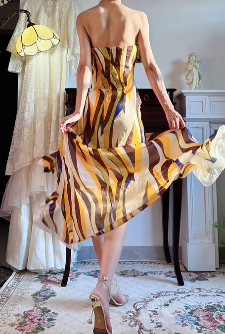 Vintage‑Abstract‑Oil‑Print‑Gown Strapless‑Bandeau Side‑Drawstring‑Ruched High‑Slit‑Ruffled‑Asymmetrical‑Hem Swirl‑Print‑Chiffon‑Fabric Boho‑Maxi‑Evening‑Party‑Dress gh8837
