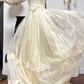 Cream Vintage Chiffon Wedding Gown, Lace High Neck, Lace‑Sheer Puff Long Sleeves, Lace Appliqué Empire Waist, Draped Pleated Flowy Full‑Length Skirt, Tiered Lace Hem, Long Lace Train, Bridal Prom Dress gh8735