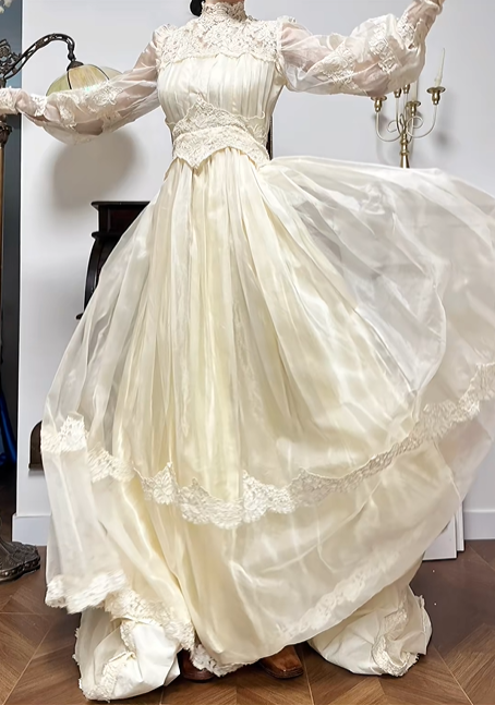 Cream Vintage Chiffon Wedding Gown, Lace High Neck, Lace‑Sheer Puff Long Sleeves, Lace Appliqué Empire Waist, Draped Pleated Flowy Full‑Length Skirt, Tiered Lace Hem, Long Lace Train, Bridal Prom Dress gh8735