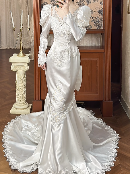 White Vintage Satin Mermaid Wedding Gown, V‑Neck Leg‑of‑Mutton Puff Long Sleeves, Lace Cuffs, Lace Appliqués Fitted Bodice, Floral Lace Embroidery Mermaid Skirt, Scalloped Lace Hem Long Train, Prom Dress gh8664