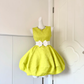 Lime Yellow Embossed Jacquard Sleeveless Short Cocktail Dress, Round Neck White Rhinestone Big Bow Sash Voluminous A‑Line Homecoming Party Gown gh9244