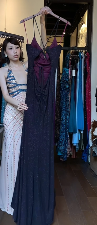 Dark Purple Glitter Evening Gown Cowl Neck Criss Cross Back High Slit Long Formal Prom Dress gh9733