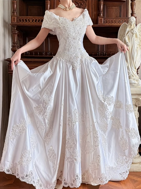 Ivory Satin Vintage Heart Off‑the‑Shoulder Cap Sleeve Heavy Beaded Lace Appliqué Fitted Waist Ball Gown With Pockets, Long Wedding Prom Dress gh8626