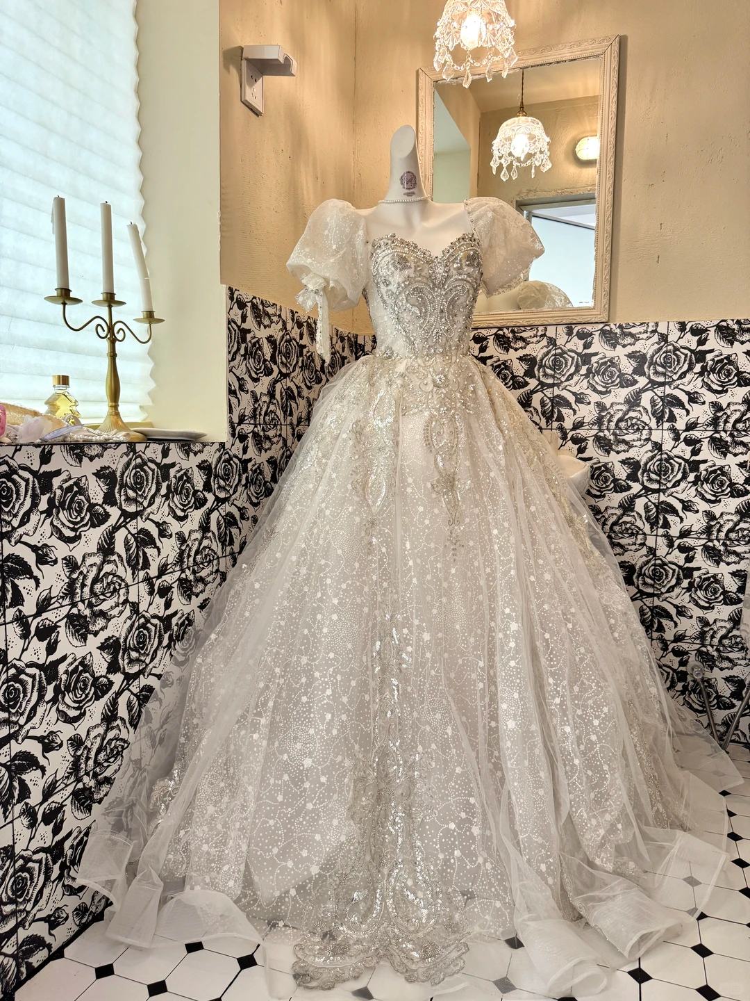 Ivory Puff Sleeve Square Neck Beaded Cinched Waist Voluminous Skirt Long Romantic Dress, Wedding Gown gh7783
