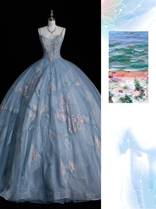 Robe de soirée bleu clair à fines bretelles style impressionniste, modèle gh6751