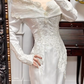 Ivory Vintage Off‑the‑Shoulder Satin Mermaid Lace‑Appliqué Long Train Wedding Dress gh8769