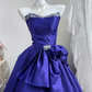 Royal Purple Satin Strapless Long Evening Gown, Beaded Rhinestone Sweetheart Neck Big Bow A-Line Princess Prom Dress gh9272