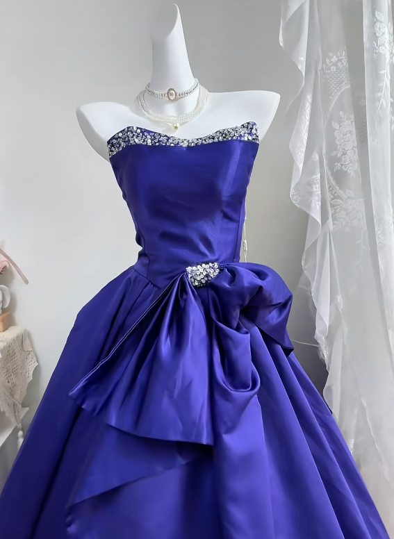 Royal Purple Satin Strapless Long Evening Gown, Beaded Rhinestone Sweetheart Neck Big Bow A-Line Princess Prom Dress gh9272