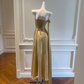 Gold Spaghetti Strap Long Evening Gown, Square Neck Ruched Bodice, Side Bow Sash Detail, High Waist, Draped A‑Line Midi Skirt, Metallic Jacquard Party Prom Dress gh8921