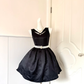 Black Satin Short Cocktail Dress, Sleeveless Criss‑Cross Cutout V‑Neck Multi‑Row Pearl Rhinestone Sash Voluminous A‑Line Homecoming Party Gown gh9248