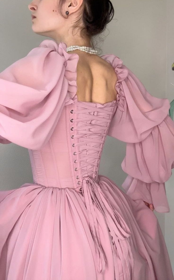 girlhomeshops-Retro, elegant, flowing A-line long-sleeved, corseted chiffon prom dress gh5754