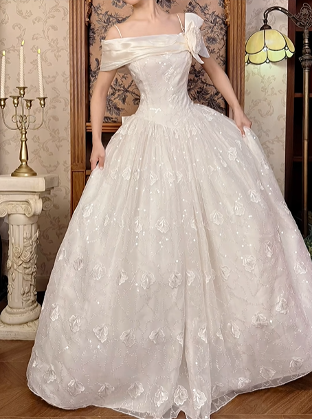 Off‑White Vintage Spaghetti Strap Off‑the‑Shoulder Fitted Waist Lace Voluminous Skirt Long Prom Gown, Wedding Dress gh8595