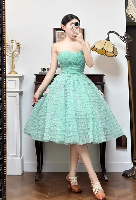 Mint Green Vintage Strapless Prom Gown, Ruched Tulle Bandeau Neckline, Fitted Waist, Multi‑Tier Ruffled Midi Ballgown Skirt, Side 3D Floral Decor, Short Vintage Evening Prom Dress gh8761