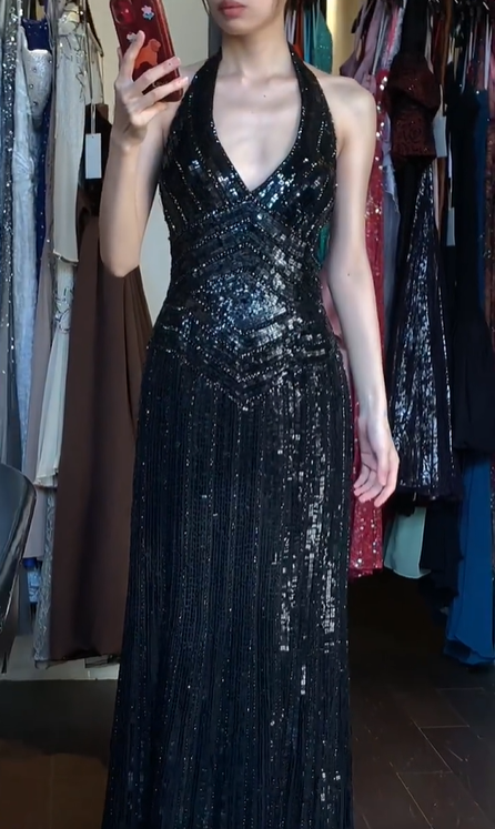 Black Halter Deep V Sequin Pleated Sheath Long Evening Prom Dress gh9772