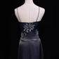 ✨Girlhomeshops-Black Spaghetti Strap Sequin Floral Gown Asymmetrical Ruffle Hem gh10146