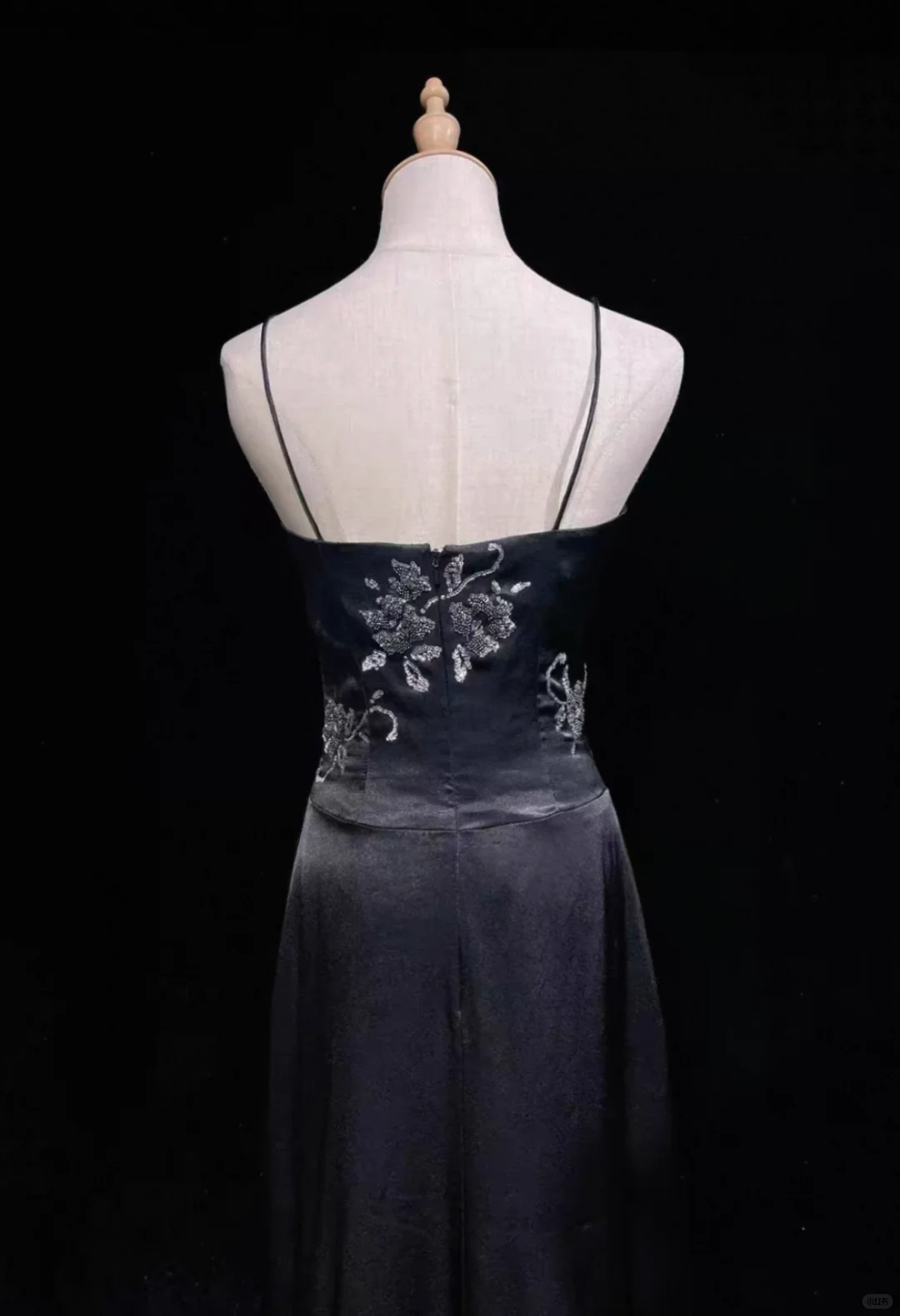 ✨Girlhomeshops-Black Spaghetti Strap Sequin Floral Gown Asymmetrical Ruffle Hem gh10146