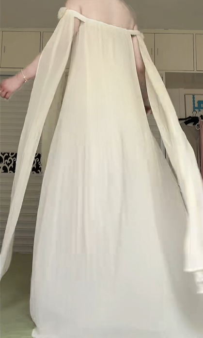Off‑White Off‑The‑Shoulder 3D Floral Cape Sleeve Long Evening Gown, Beaded Waistband Pleated Chiffon Formal Prom Dress gh9002