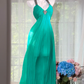 Emerald Green Halter V-Neck Pleated Chiffon Long Evening Dress, Rhinestone Detail Prom Gown gh9512
