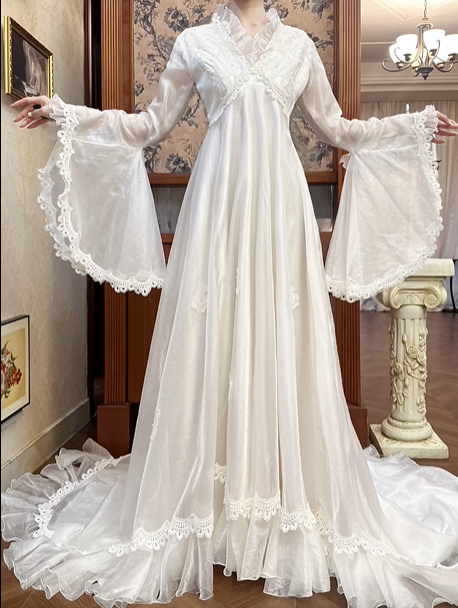 Ivory Vintage Tulle Wedding Prom Dress, V‑Neck Ruffle Collar, Big Bell Flare Sleeves, Empire High Waist, Ruffled Lace Long Train gh8675