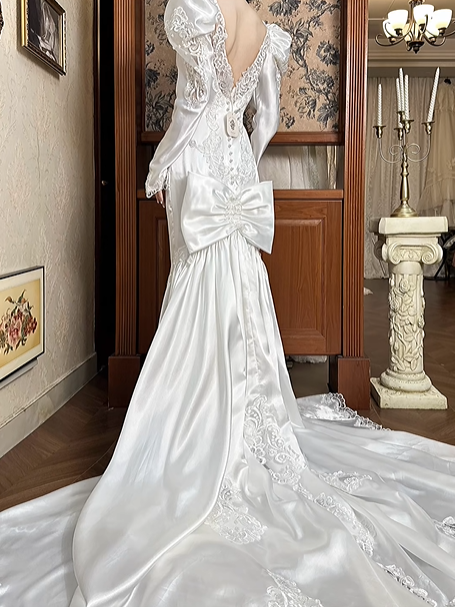 White Vintage Satin Mermaid Wedding Gown, V‑Neck Leg‑of‑Mutton Puff Long Sleeves, Lace Cuffs, Lace Appliqués Fitted Bodice, Floral Lace Embroidery Mermaid Skirt, Scalloped Lace Hem Long Train, Prom Dress gh8664