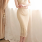 Women Cream Midi Bodycon Cocktail Dress Spaghetti Straps Deep V-Neck Hand Beaded Striped Lace Scalloped Hem Evening Gown gh9577