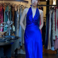 Halter V Neck Royal Blue Satin Evening Gown Twist Front A-Line Long Prom Dress With Pockets gh9687