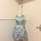 Light Lake Blue Satin Sleeveless Short Cocktail Dress, Square Neck White Piping Floral Bird Print A‑Line Homecoming Party Gown gh9177