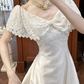 Ivory Vintage Satin A‑Line Wedding Prom Dress, Off‑the‑Shoulder Wide Lace Cape Collar, Pearl Bow, Floral Lace Appliqués Long Train gh8705