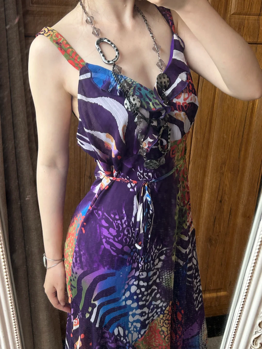 Purple Elegant Vintage Pattern Spaghetti Strap Fitted Waist Slim Prom & Evening Party Dress gh8463