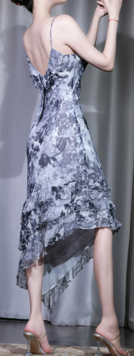 ✨Girlhomeshops-Grey Floral Print Chiffon Midi Dress, V Neck Spaghetti Straps Ruffled Irregular Hem Formal Gown gh9928