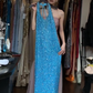 Halter Lake Blue Sequin Prom Dress V Neck Back Strappy Cutout Sheath Formal Evening Gown gh9817