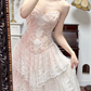 Light Pink Vintage Strapless Prom Gown, Sweetheart Neckline, Diamond Cut‑Out Bodice, Lace Appliqués Fitted Waist, Multi‑Tier Ruffled Lace Cake Ball Gown Skirt, Vintage Court Evening Prom Dress gh8749