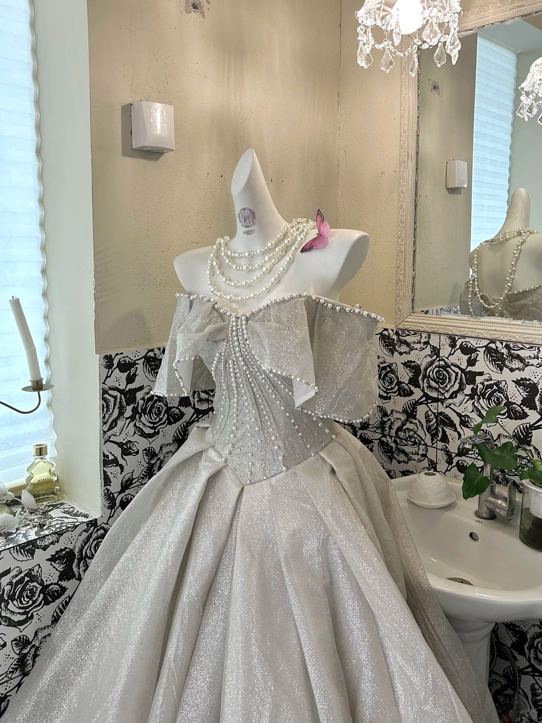 Silver Gray Bow Off-the-Shoulder Waist-Cinched Voluminous Skirt Long Luxury Romantic Dress, Wedding Gown gh7648