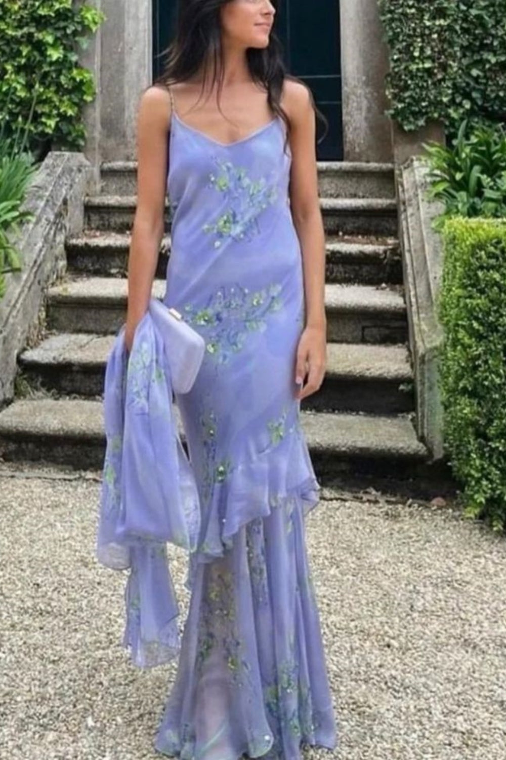 girlhomeshops-Light Purple Spaghetti Strap Floral - Embroidered Ruffled Mermaid Long Evening Dress  gh5818