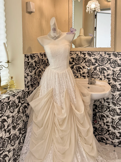 Ivory Strapless Lace Sexy Stylized Skirt Long Elegant Romantic Dress, Wedding Gown gh7729