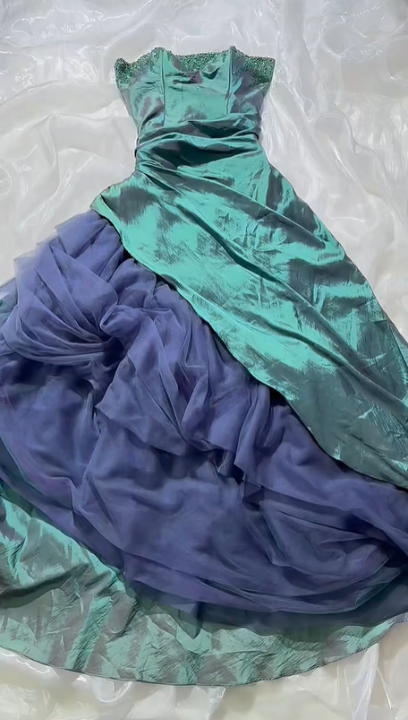 Green Strapless Satin Prom & Evening Party Dress, Fitted Waist With Unique Designed Skirt gh8530