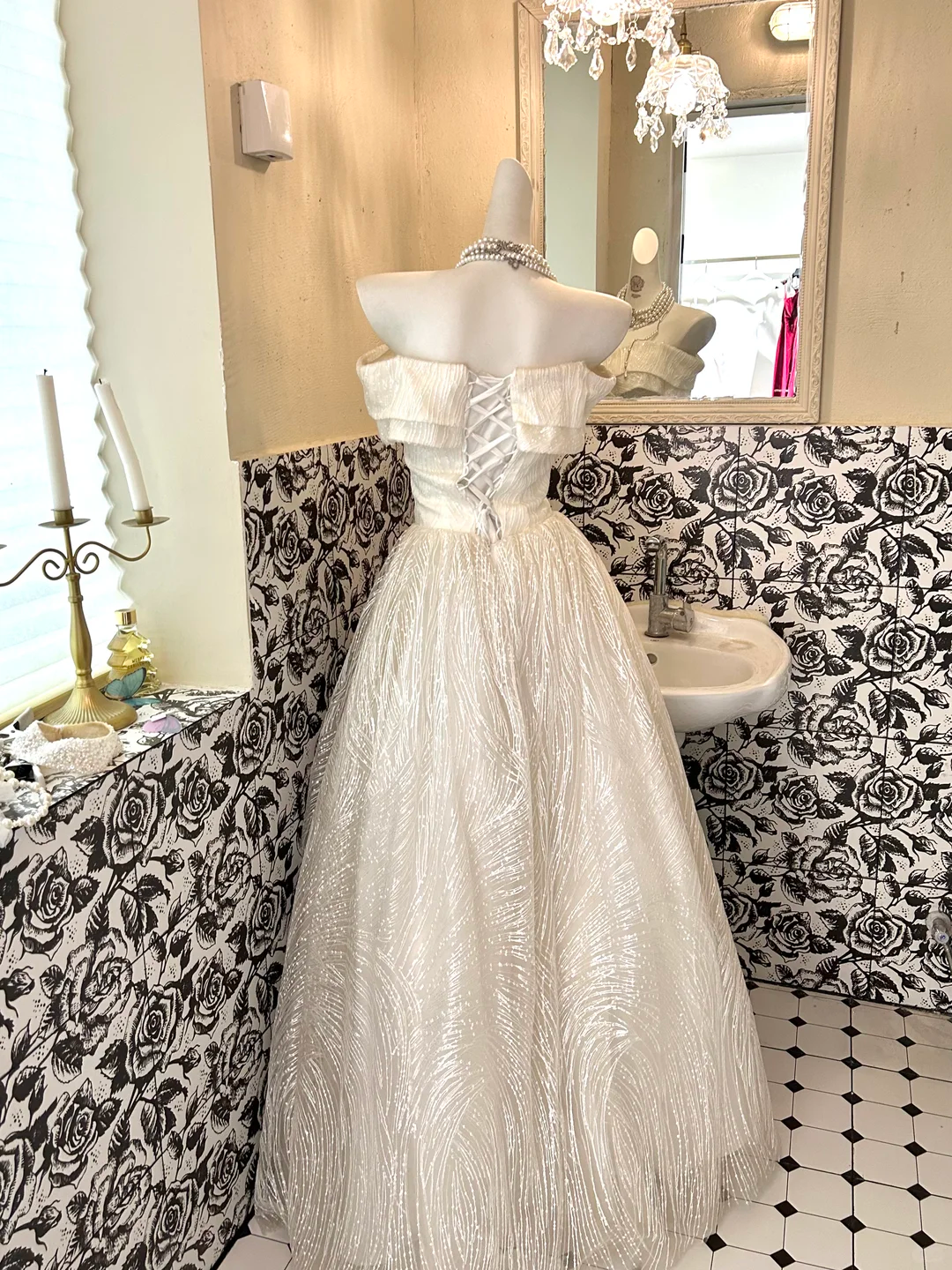 Ivory Stylish Off-the-Shoulder Waist-Cinched Full Flared Skirt Romantic Dress, Wedding Gown gh7616