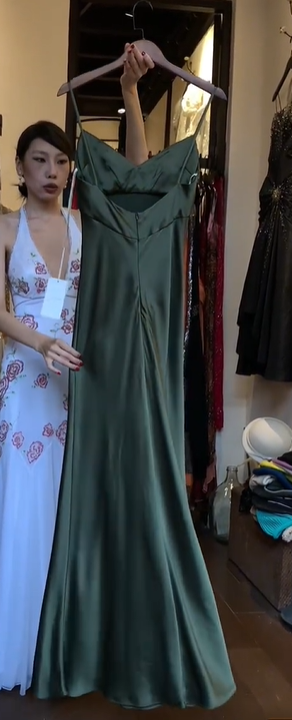 Olive Green Spaghetti Strap Cowl Neck Satin High Waist Long Evening Prom Dress gh9780
